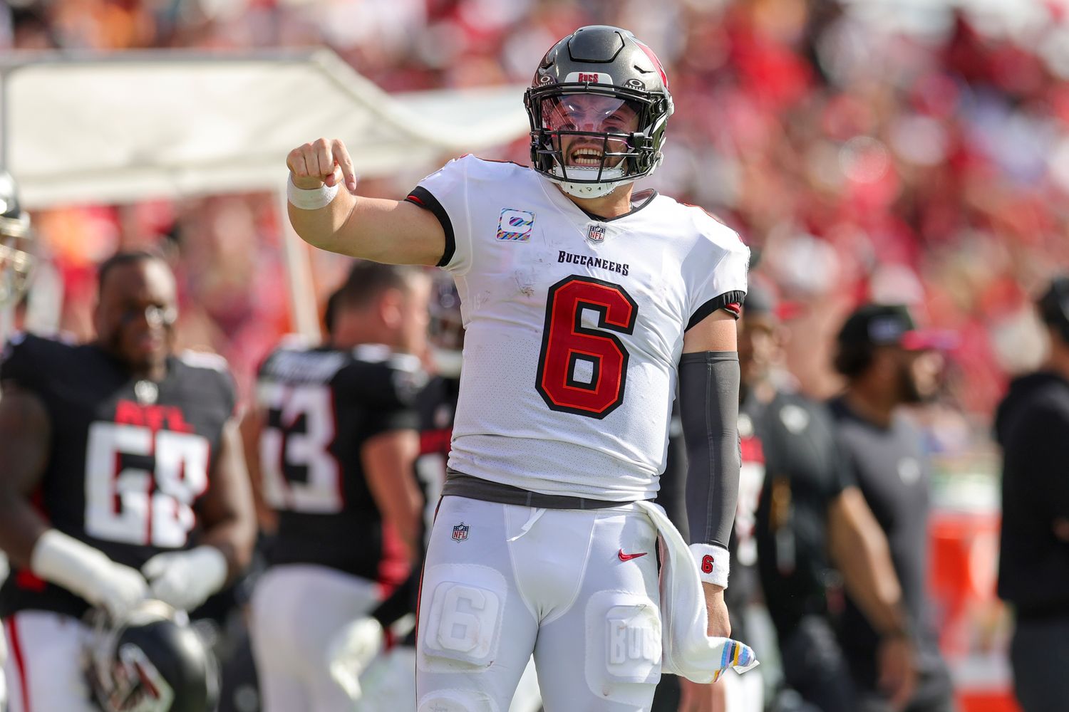 Oct 22, 2023; Tampa, Florida, USA; Tampa Bay Buccaneers quarterback Baker Mayfield (6) reacts after a run against the Atlanta Falcon in the fourth quarter at Raymond James Stadium. Mandatory Credit: Nathan Ray Seebeck-USA TODAY Sports
